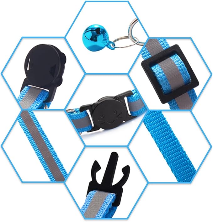6 Pack Reflective Cat Collar with Bell, Breakaway and Safe Collars for Cats, Nylon, Pet Collar Adjustable19-32cm (Sky Blue)