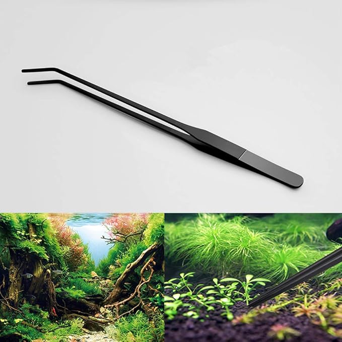 15 inch Black Curved Aquarium Tweezers Stainless Steel Curved Tweezer with Carbonation Protection Coating Against Rust Long Reptiles Feeding Tongs for Aquatic Plants Lizards Spider Snakes
