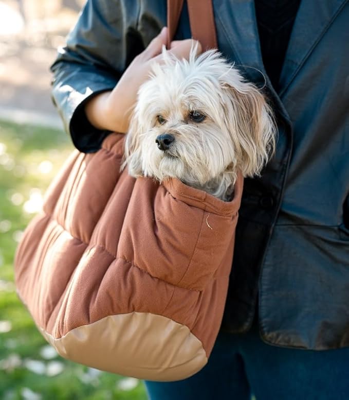 Plush Dog Purse Carrier for Small Dogs, Soft Dog Tote Bag with Safety Harness Clip, Cozy Pet Carrier for Dogs Under 15 lbs, Comfortable Dog Shoulder Carrier for Travel, Brown