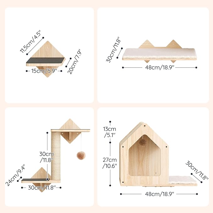 HOOBRO Wood Cat Wall Shelves, Set of 5 Cat Wall Mounted Furniture, Climbing Shelves with House, Steps, Scratching Post, Perch, Sturdy and Anti-Slip, Natural NL43CS03G1