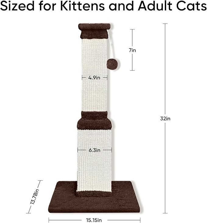AGYM 32 Tall Cat Scratching Post for Large Cats, Cat Scratcher for Indoor Cats Adults, Sturdy Sisal Scratch Post to Protect Furniture, Brown