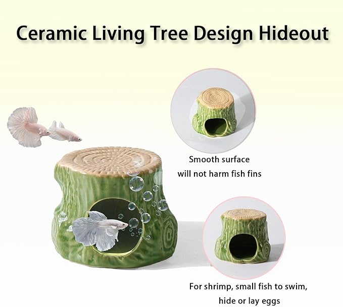 Aquarium Decor Cave Betta Fish Aquarium Accessories Ornaments Hiding Cave Wooden Stake Shape Hideout for Shrimp Cichlid Hermit Crab, Octopus Hiding Breeding for Tank (Green)