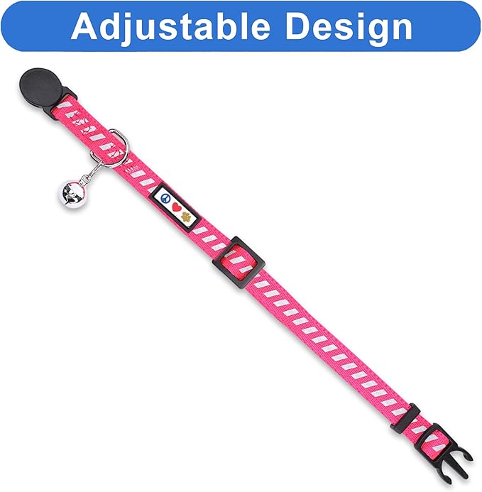 Pawtitas Personalized Pink Reflective Cat Collar – Adjustable Custom Collar with Safety Buckle, Removable Bell, and Engraved Name & Phone Number for Kittens and Adult Cats