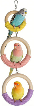 3-Ring Bird Wooden Swing Climbing Toy Chewable Cotton Rope Perch for Cage Cockatiels Budgies Parakeets Lovebirds