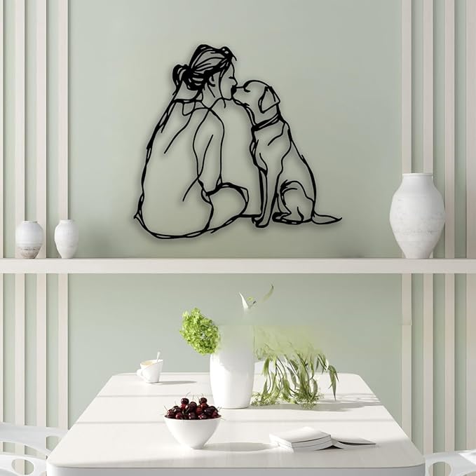 Woman Dog Metal Wall Decor - Pet Lover Room Decor Wall Art Home Decor for Living Room, Bedroom, Dining Room, Bathroom, Office, Pet Shop (Black)