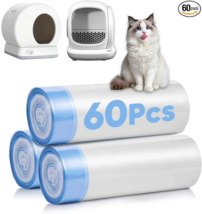 60 Count Cat Litter Box Liners Compatible with MeoWant-SCO1 & MeoWant-SCO2, Cat Litter Liners for Automatic Litter Box, Thick Heavy Duty Waste Bags with Drawstrings, 18.11" x 12.6"