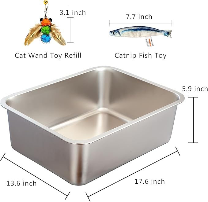 Stainless Steel Cat Litter Box Set, Includes Catnip Fish Toy & Wand Feather Toy Refill, Easy to Clean, Pet Toilet Supplies for Kitten, Kitty, Rabbit, Metal Litter Pan for Kittens and Adult Cats