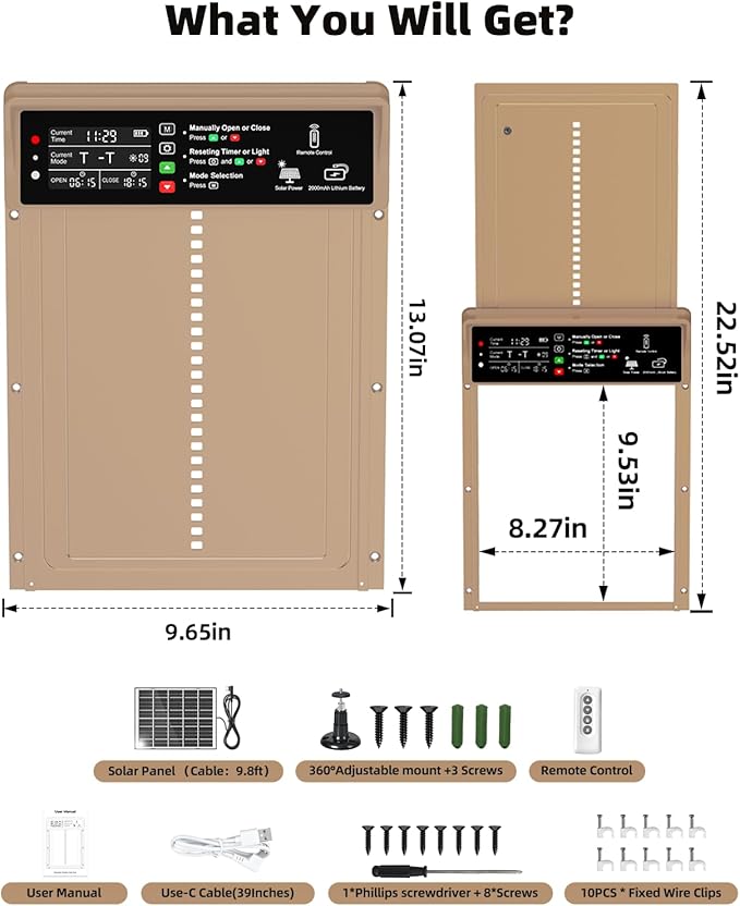 2025 Upgrade 7W Solar Power Chicken Door, Pet Deluxe Automatic Chicken Coop Door with 10PCS Wire Clip, Timer, Light Sensor, LCD Display & Anti-Pinch Durable Aluminum Auto Coop Door with 4 Modes-Brown