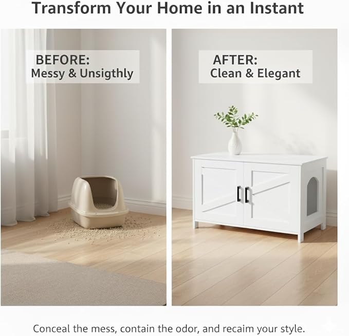 Homhedy Cat Litter Box Enclosure, Wooden Cat Washroom Furniture with Barn Door, Pet House, Fit Most of Litter Box, White