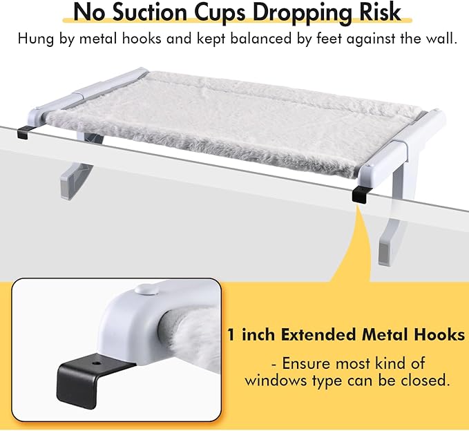 Window Sill Mount Cat Perch for Indoor Cats, One-Step Sliding Clamping Slot Adjustment Cat Hammock with Washable Cover, No Suction Cups Pet Bed for Windowsill & Bedside (Large)