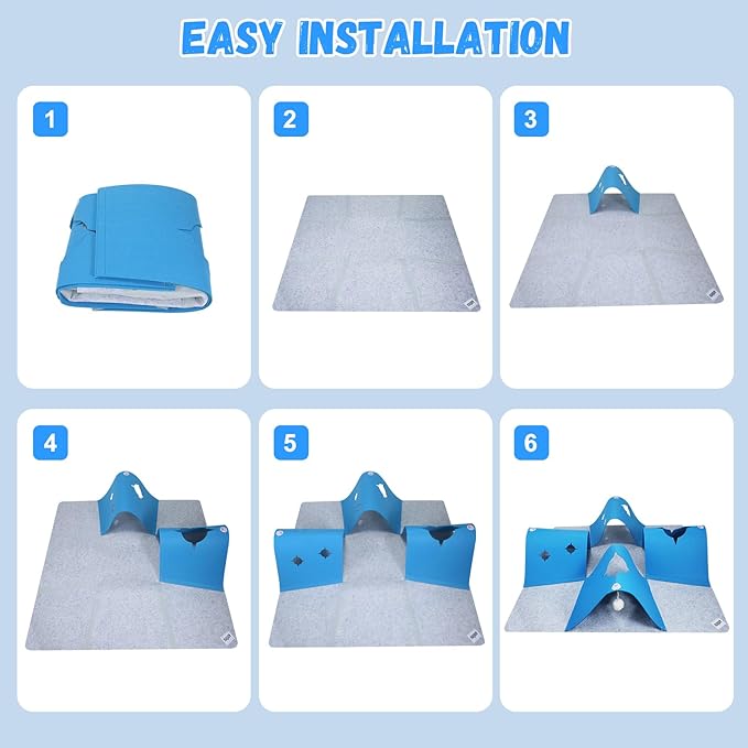 Interactive Cat Tunnel Mat for Indoor Cats, 4-Way Felt Cat Cave with Hanging Ball, Foldable Kitty Play Mat and Hideout, Pet Enrichment Toy for Kittens Rabbits Small Pets, Blue