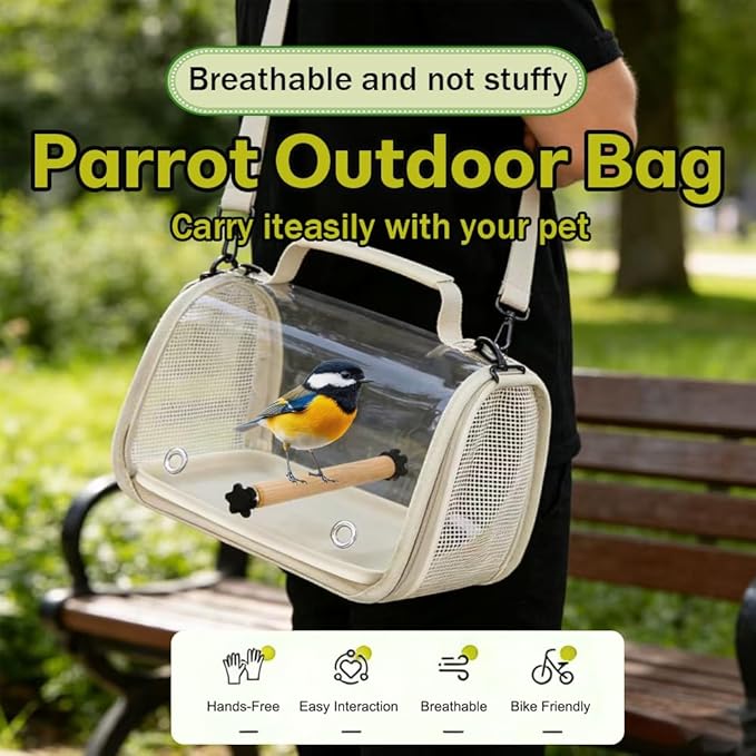 Hands Free Small Pet Cage with Breathable Mesh Windows Parrot Backpack for Vet Visit Shopping Hiking, Clear View Portable Bird Travel Carrier with Easy Clean Removable Tray and Perch