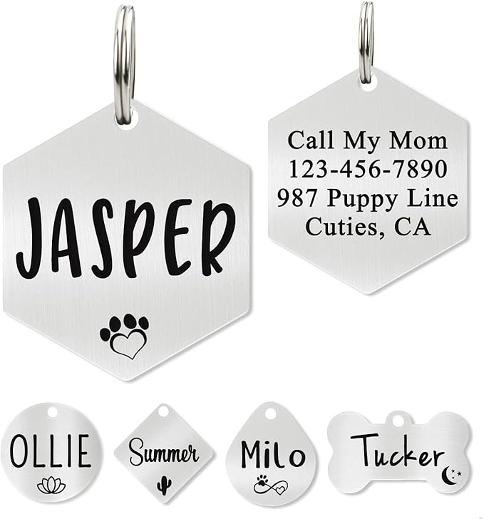Ultra Joys Custom Personalized Hexagon Dog ID Tag - Brushed Stainless Steel Silver Large