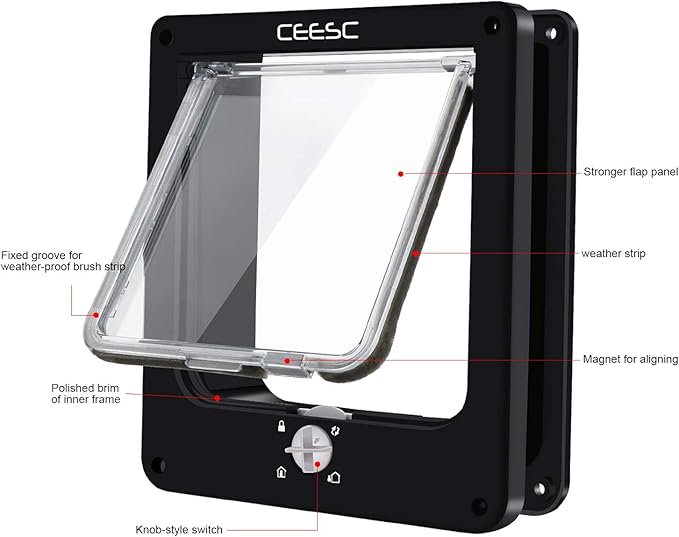 CEESC Medium Cat Door for Interior/Exterior Door, Weatherproof, Black, Rotary 4 Way Locking Pet Door for Cats & Dogs with Circumference < 15.75", Upgraded Version