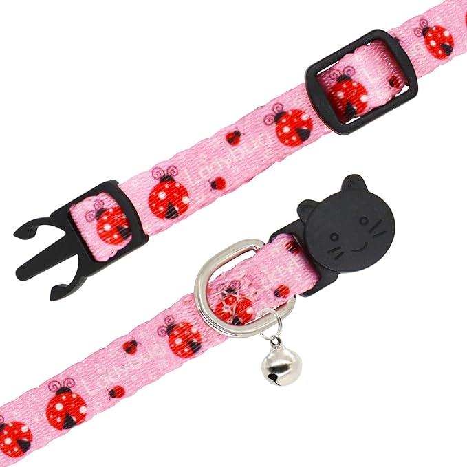 Cat Collar, 2 Pack Breakaway Collar with Bells, Safety Buckle Kitten Collars for Boy and Girl Cats, Bee+Ladybug
