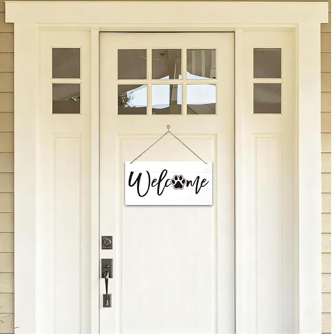 Welcome Sign for Front Door, Welcome Decor Wooden Hanging Sign for Wall Decor, Cat's Paw Pattern Wall Signs, Rustic Funny Wooden Outdoor Front Door Hanging Decoration 13.8X6.9 inches