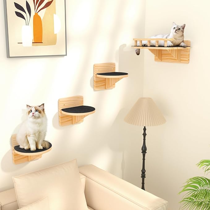 XiaZ Cat Wall Shelves, Cat Wide Climber Shelf with 3 Perch Steps, Kitty Wall Mounted Wooden Furniture up to 25lbs, Durable Floating Cats Stairs for Indoor Sleeping, Playing, Climbing and Lounging