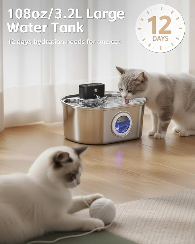 Cat Water Fountain Wireless - Stainless Steel 3.2L/108oz Cordless Pet Fountain - Battery Operated Automatic Water Dispenser for Cats Indoor, with Motion Sensor & Quiet Pump
