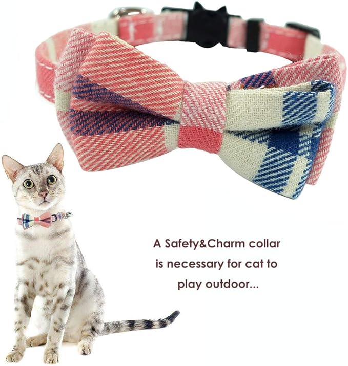 Cat Collar Breakaway with Bell and Bow Tie, Plaid Design Adjustable Safety Kitty Kitten Collars Set of 2 PCS (6.8-10.8in) (Pink&Blue Plaid)