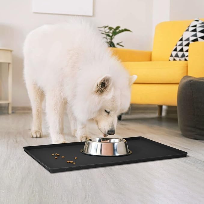 Dog Food Mat,Silicone Waterproof Food Tray,Non Slip Pet Bowl Mats Placemat,0.6" Raised Edge,Suitable for Most Small and Medium Sized Pets,24" x 16"