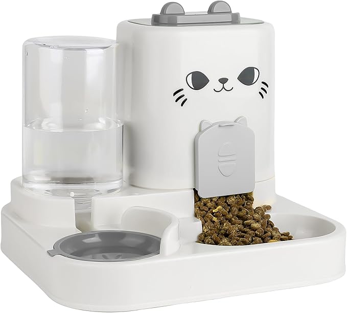 2-in-1 Gravity Pet Feeder & Water Dispenser for Cats Dogs - Large Capacity Cat Food Station with Water Bowl, Travel-Friendly (Gray)