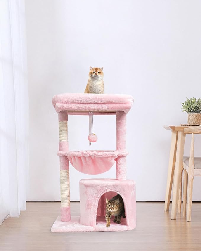 SYANDLVY Small Cat Tree for Indoor Cats, Cat Tower with Scratching Post, Modern Cat House with Padded Perch, Kittens Condo with Cradle, Cat Cave, Pink