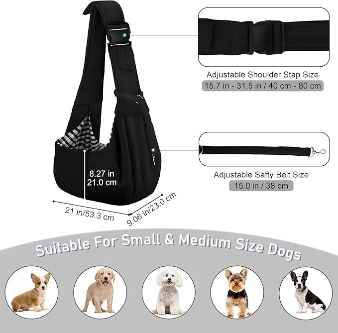 PETLOFT Reversible Dog Cat Sling Carrier, Small Dog Carrier, Adjustable Dog Sling, Hands Free Cross Body Carrier with Collar Hook for Dog/Cat/Bunny up to 11lb, Black