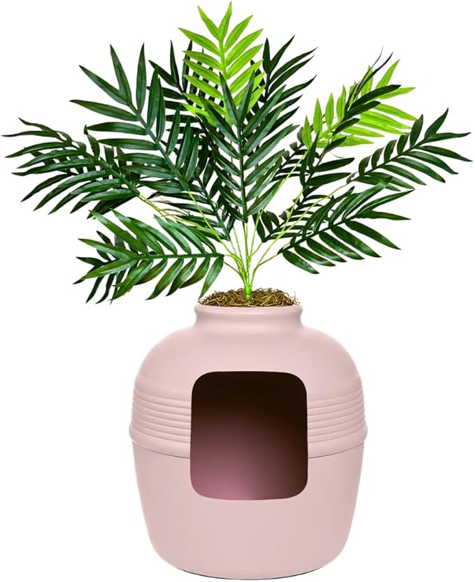 Good Pet Stuff Hidden Litter Box Planter, Decorative Cat Litter Enclosure with Carbon Filter, Artificial Plant, Easy Clean, Improved Design, Round Style, Base Kit, Blush Pink