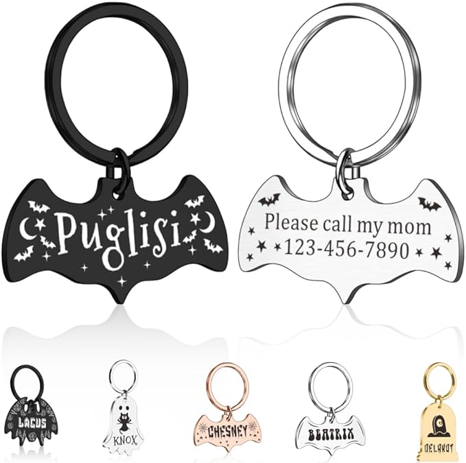 Dog Tags Personalized for Pets - Bat Shape Dog Tag, Customized Pet ID Tag for Black Cat, Witch Friendly Cat Tags, Funny Spooky Dog Name Tag, Stainless Steel Dog ID Tag Engraved on Both Sides