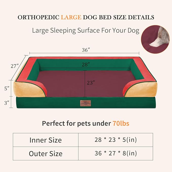 Comfort Expression Orthopedic Dog Bed for Large Dogs 36x27 Inch, Waterproof Egg Crate Foam Large Pet Bed with Removable Bolsters, Dog Couch with Washable Cover & Non-Slip Bottom, Watermelon Meadow