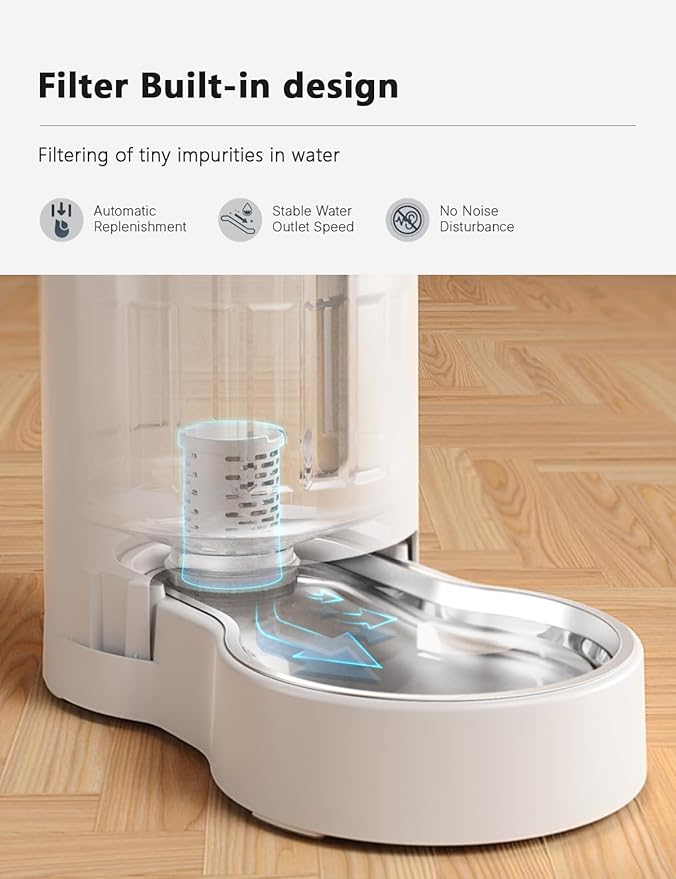 CZPET Automatic 4L Filter Dog and Cat Water Dispenser with Stainless Steel Bowl Gravity Waterer,Large Capacity and Drinking Area Noise-Free for Pets(White)