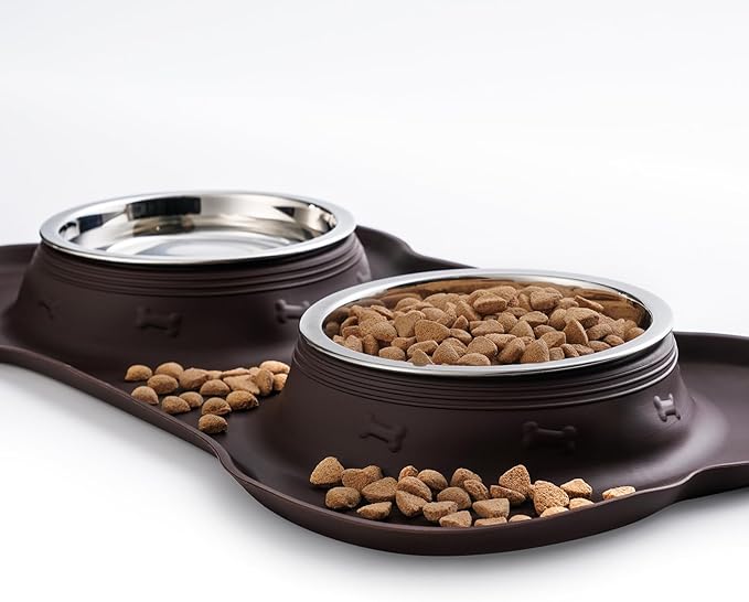 Hubulk Pet Dog Bowls 2 Stainless Steel Dog Bowl with No Spill Non-Skid Silicone Mat + Pet Food Scoop Water and Food Feeder Bowls for Feeding Small Medium Large Dogs Cats Puppies (Small, Chocolate)