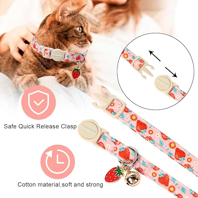 Cat Collar,2 Pack Pink Flower Cat Collars Breakaway with Bell, DOGWONG Safety Buckle Pink Flower Cat Collar for Girl Female Cats，Adjustable 7-12 Inch