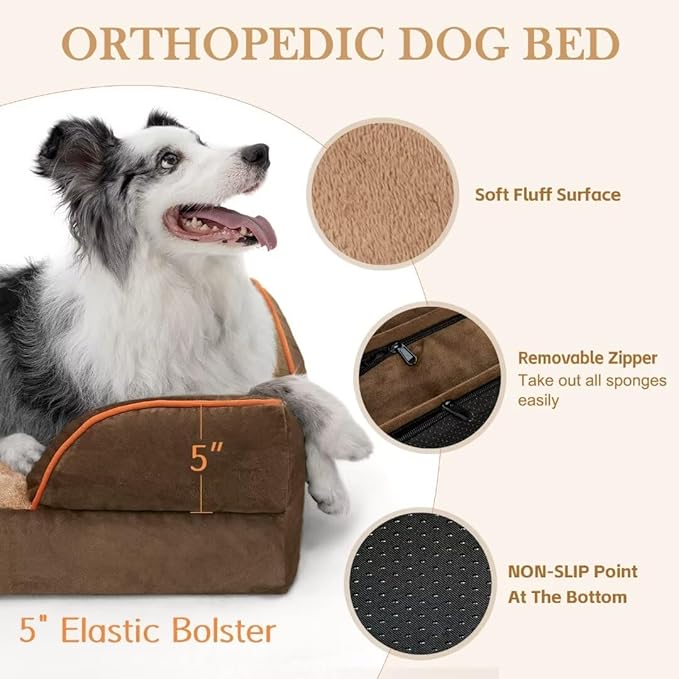 Comfort Expression Orthopedic Dog Bed for Extra Large Dogs 42x30 Inch, Waterproof Supportive Egg Crate Foam XL Pet Bed with Removable Bolsters, Dog Couch with Washable Cover & Non-Slip Bottom, Brown