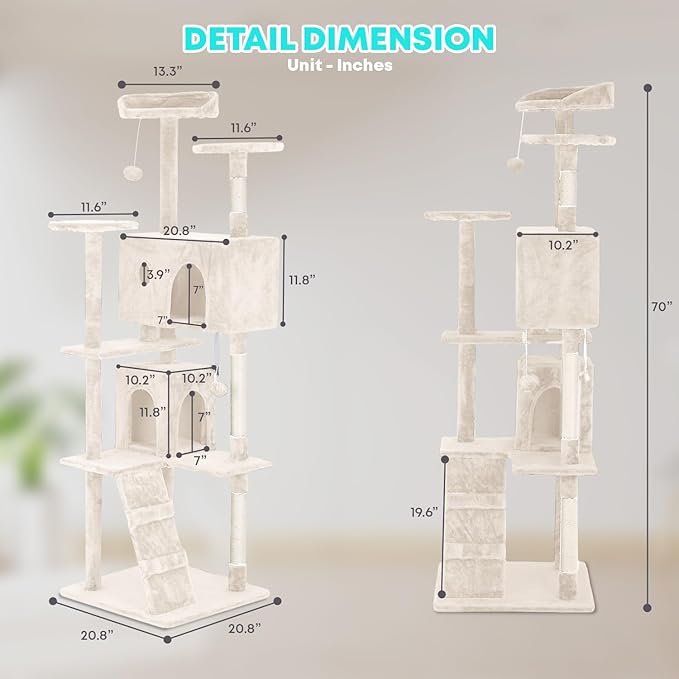 FDW | 70" Cat Tree Tower | Beige | Multi-Level Indoor Activity Center with Sisal Scratching Posts, Condos, Plush Perches, Hanging Cat Toys | Sturdy, Easy to Assemble | for Kittens & Adult Cats