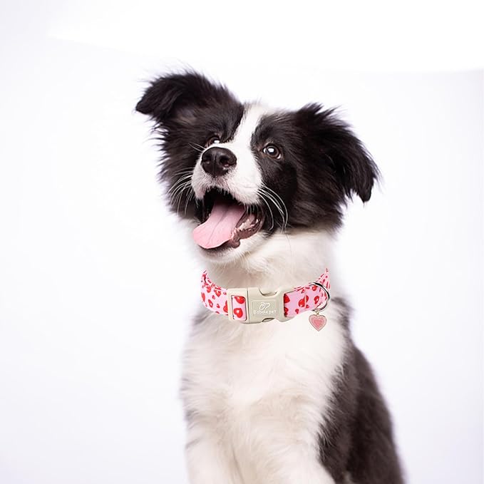 Valentines Dog Collar, Cute Pink Dog Collar with Red Heart Printed, Comfortable Girl Puppy Collar with Quick Release Plastic Buckle, X-Large