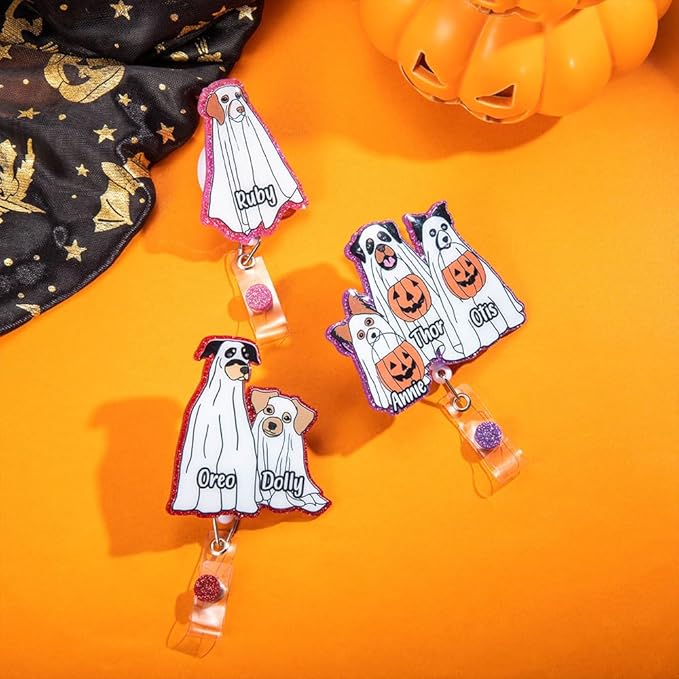 callie Personalized Halloween Ghost Badge Reel - Custom 1-3 Dogs and Names, Glitter Pumpkin ID Badge Holder Retractable, Holiday Gift for Dog Lover Nurse RN CNA Doctor
