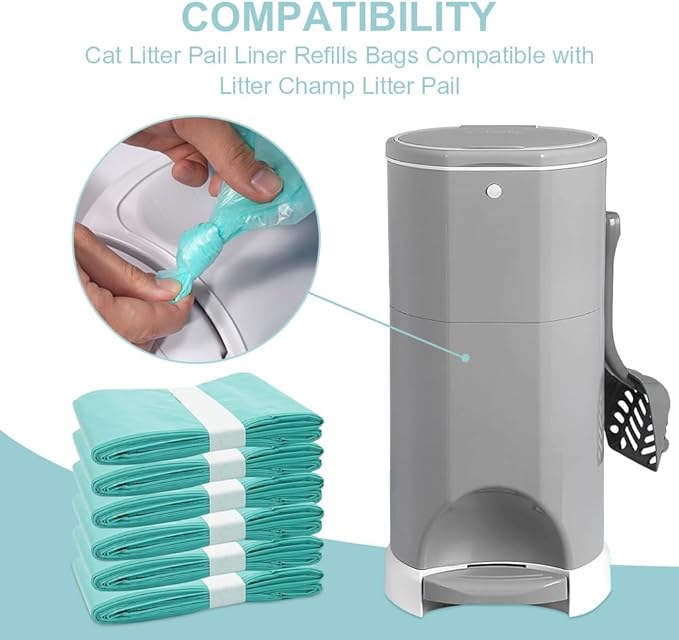 Cat Litter Pail Liner Refills Bags Compatible with Litter Champ Litter Pail, Lightly Scented, Green, 8 Count