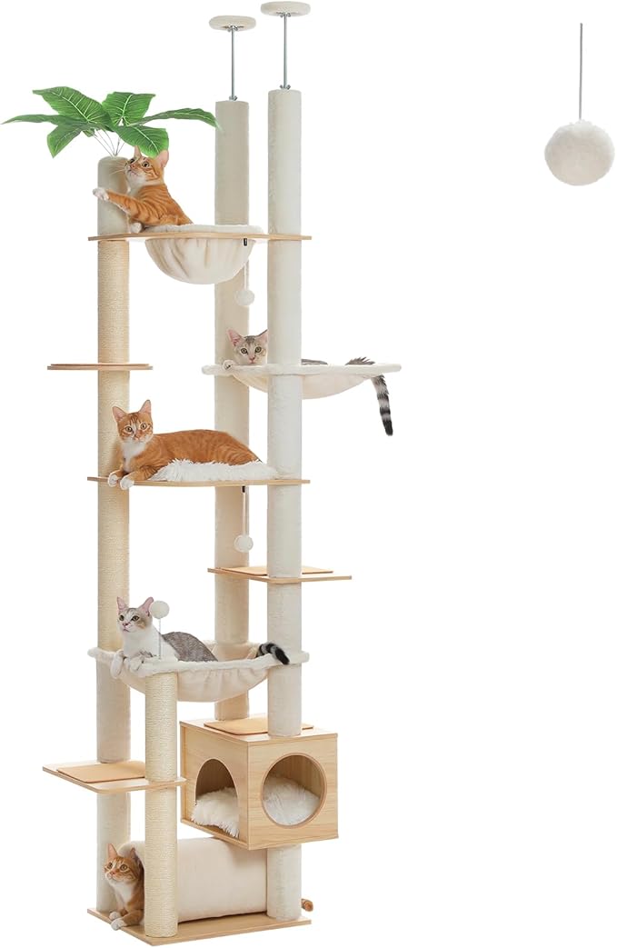 PETEPELA Floor to Ceiling Cat Tree,93.3''-100.8'' Height Adjustable Wooden Cat Tower, Tall Modern Climbing Tree with Large Hammock, Soft Perch and Scratching Post for Indoor Cats Large Adult, Beige
