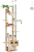 PETEPELA Floor to Ceiling Cat Tree,93.3''-100.8'' Height Adjustable Wooden Cat Tower, Tall Modern Climbing Tree with Large Hammock, Soft Perch and Scratching Post for Indoor Cats Large Adult, Beige