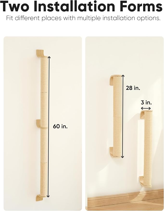 FUKUMARU Cat Wall Scratcher, 60" Tall Wall Mounted Kitten Scratching Post, Sturdy Sisal Climbing Tree for Indoor Large Cats