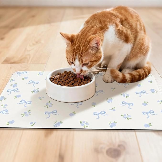 Dog Food Mat for Pet Cat Food Mat, Blue Bows Floral Absorbent Quick Dry Dog Bowl Mats for Food and Water, Non-Slip Cat Pet Feeding Mats for Floor Placemats 12"x20"