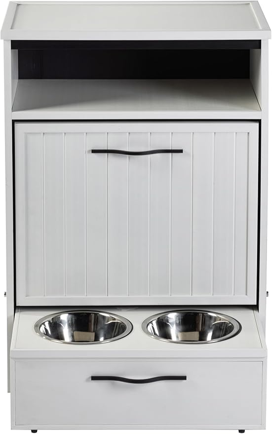 New Age Pet ECOFLEX Brea Dog Food Pantry in Antique White, Two 32 oz Bowls, Moisture Resistant, Easy Assembly, Holds 25 lbs