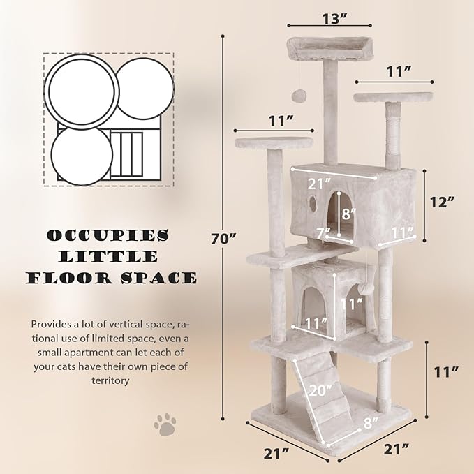 Heavy Duty Cat Tree Tower, 70" Tall Cat Tower for Indoor Cats with Cat Scratching Post with Bed, Cat Condo, Hanging Ball, Multi-Level Cat Climbing Tower Cat Trees Furniture Activity Center, Beige