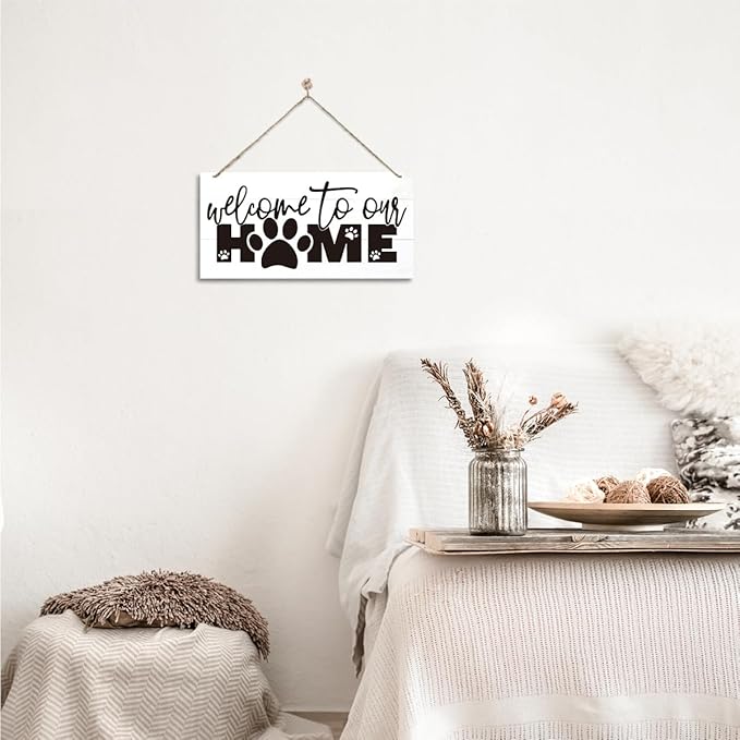 Welcome Sign for Front Door, Front Door Decor Wooden Hanging Sign for Wall Decor, Welcome to Our Home, Pet Lover Wall Signs, Rustic Funny Wooden Outdoor Hanging Decoration 13.8X6.9 inches