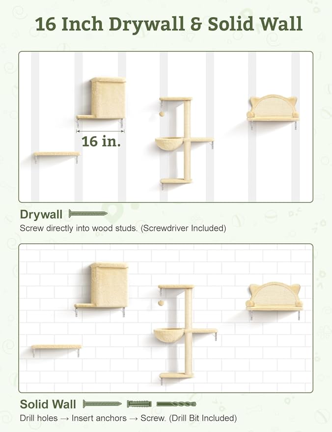 5-in-1 Cat Wall Shelves, Solid Wood & Velvet & Sisal Scratcher, 44lbs Max Load, Wall Mounted Cat Furniture for Climbers, Cat Climbing Wall System, Fits Drywall & Solid Walls - Beige