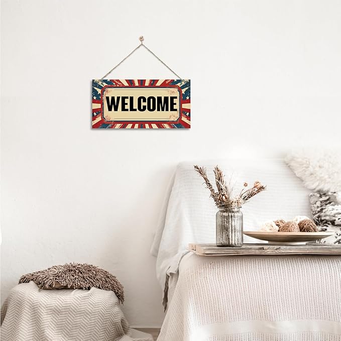 Welcome Sign for Front Door, Welcome Decor Wooden Hanging Sign for Wall Decor, Retro America Wall Hanging Signs, Funny Wooden Outdoor Front Door Decoration 13.8X6.9 inches