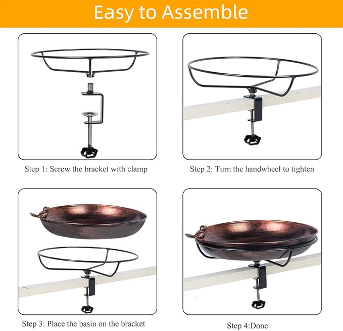 DREAMSOUL Deck Mounted Bird Bath with Adjustable Sturdy Metal Clamp, Bowl Bird Baths for Outdoors Garden Balcony Patio Deck Railing Decoration, Lightweight & Detachable