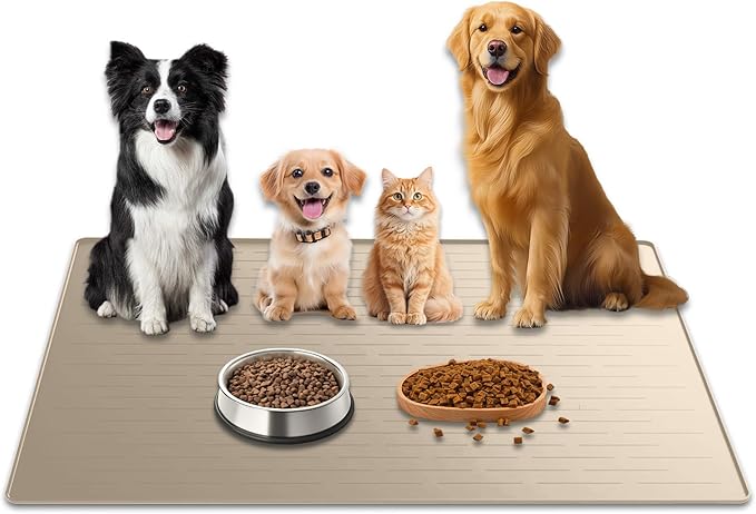 48"x32" Extra Large Pet Food Mat, 1.5MM Super Thick Silicone Dog Mats for Food and Water, XXXL Nonslip Pet Feeding Mats for Floors,Dog Cat Bowl Mat with Raised Edges, Beige