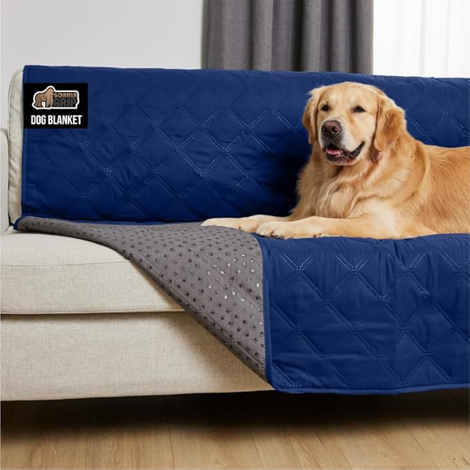GORILLA GRIP Waterproof Bed Cover for Dogs, 82x82, Gripped Slip Resistant Backing, Leak Proof Washable Dog Blanket Covers Sofa, Couch, Sectional, Crate, Car, RV Seats, Pet Puppy Essentials, Navy Blue
